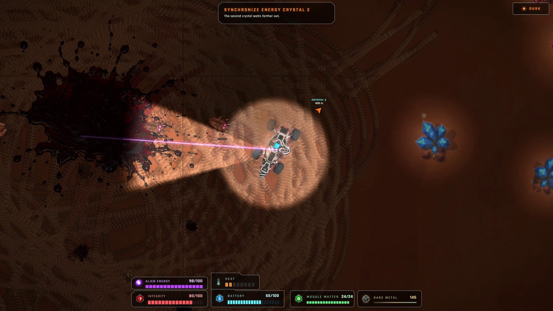 Blackbeam: purple laser clearing fauna near blue crystals