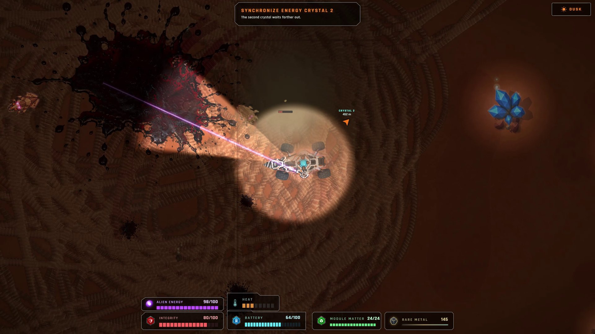 Blackbeam: combat angle with laser fire and crystal glow